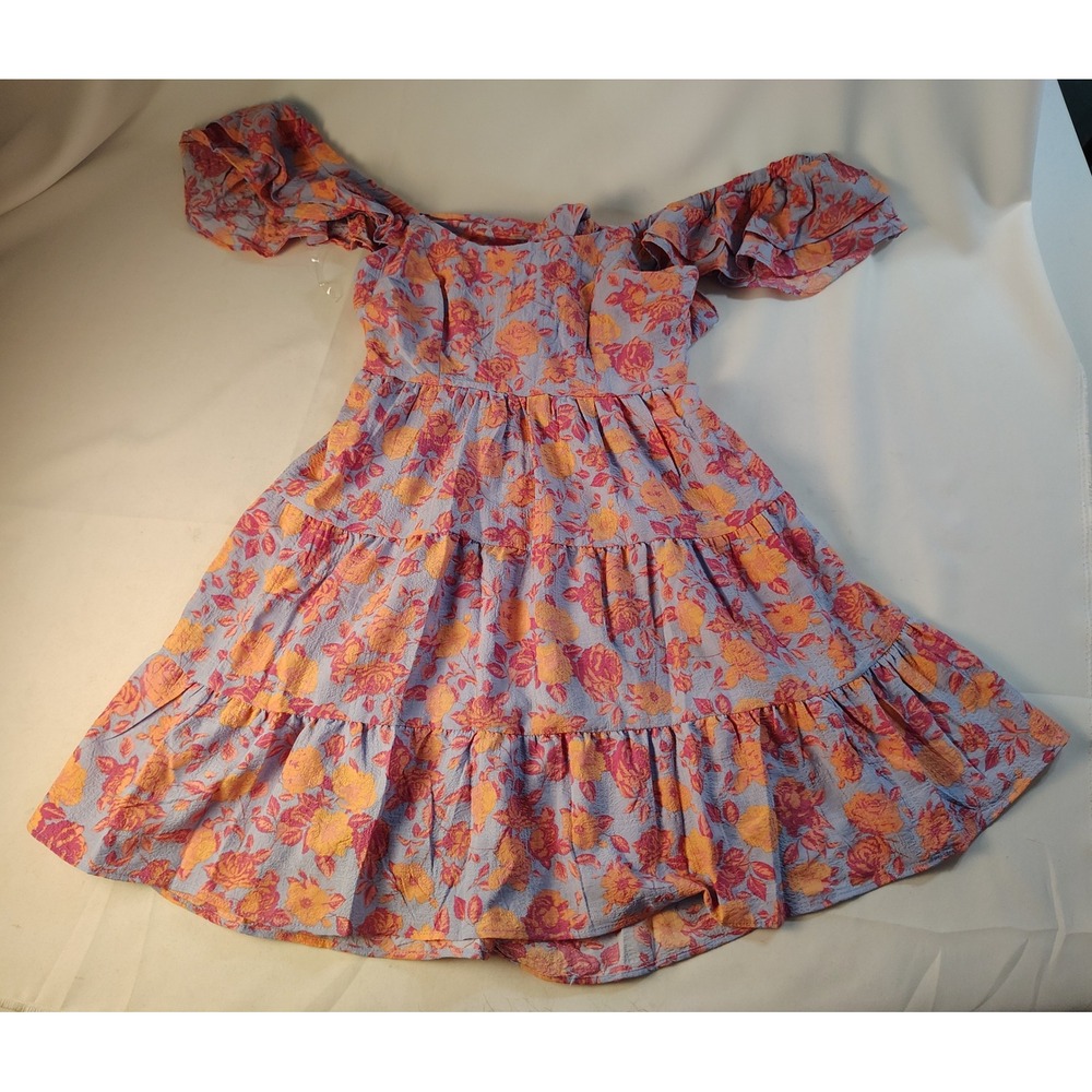 Crystal Doll Womens Blue Orange Floralβ Off Shoulder Tiered Mini Dress Small